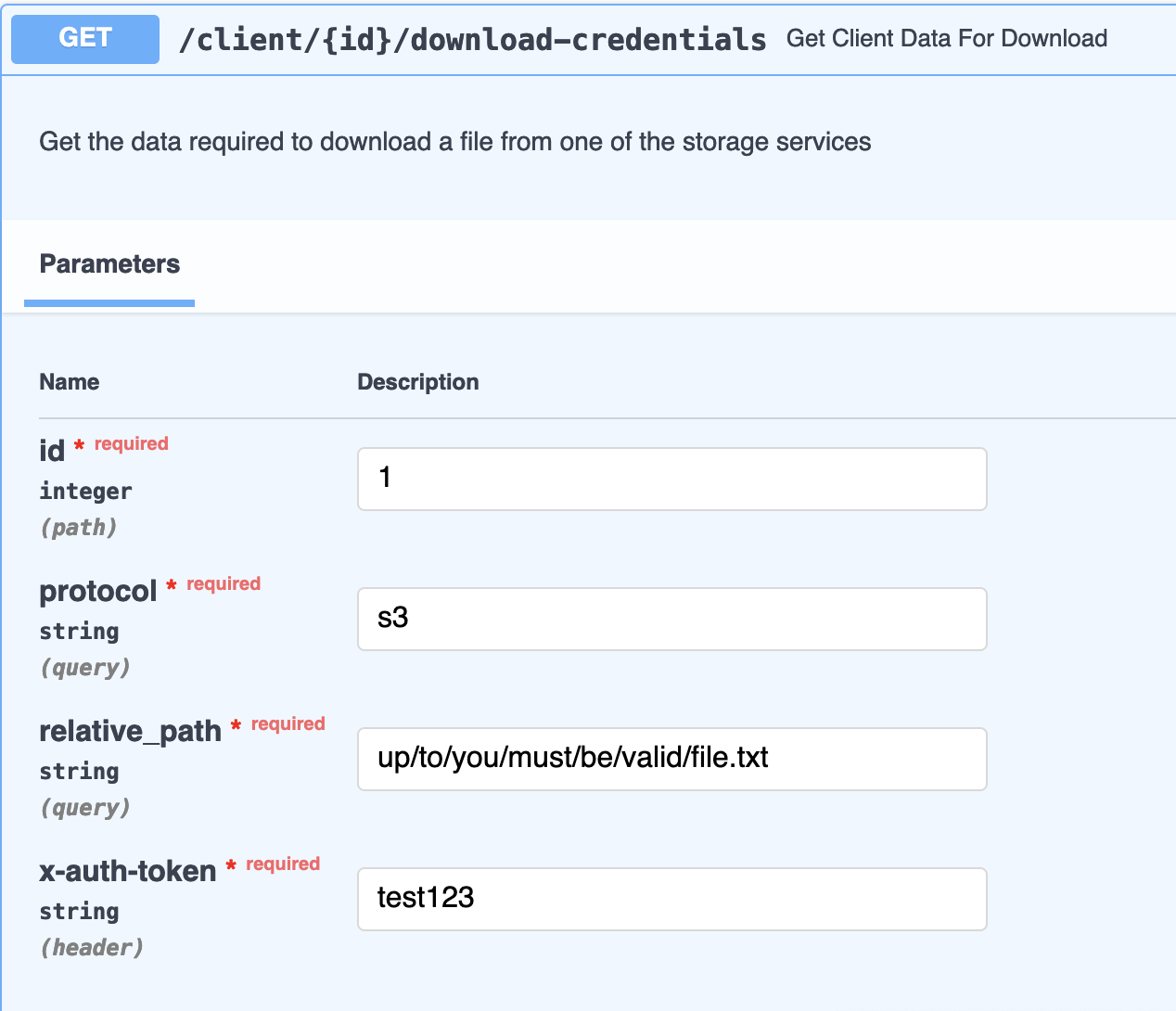 Screen shot of filled-out id, protocol, relative_path, and x-auth-token fields on the download-credentials endpoint