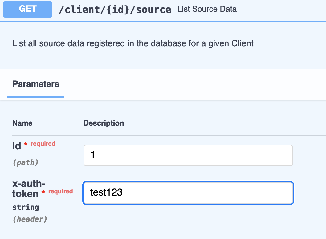 Screen shot of filled-out id and x-auth-token fields on the source endpoint