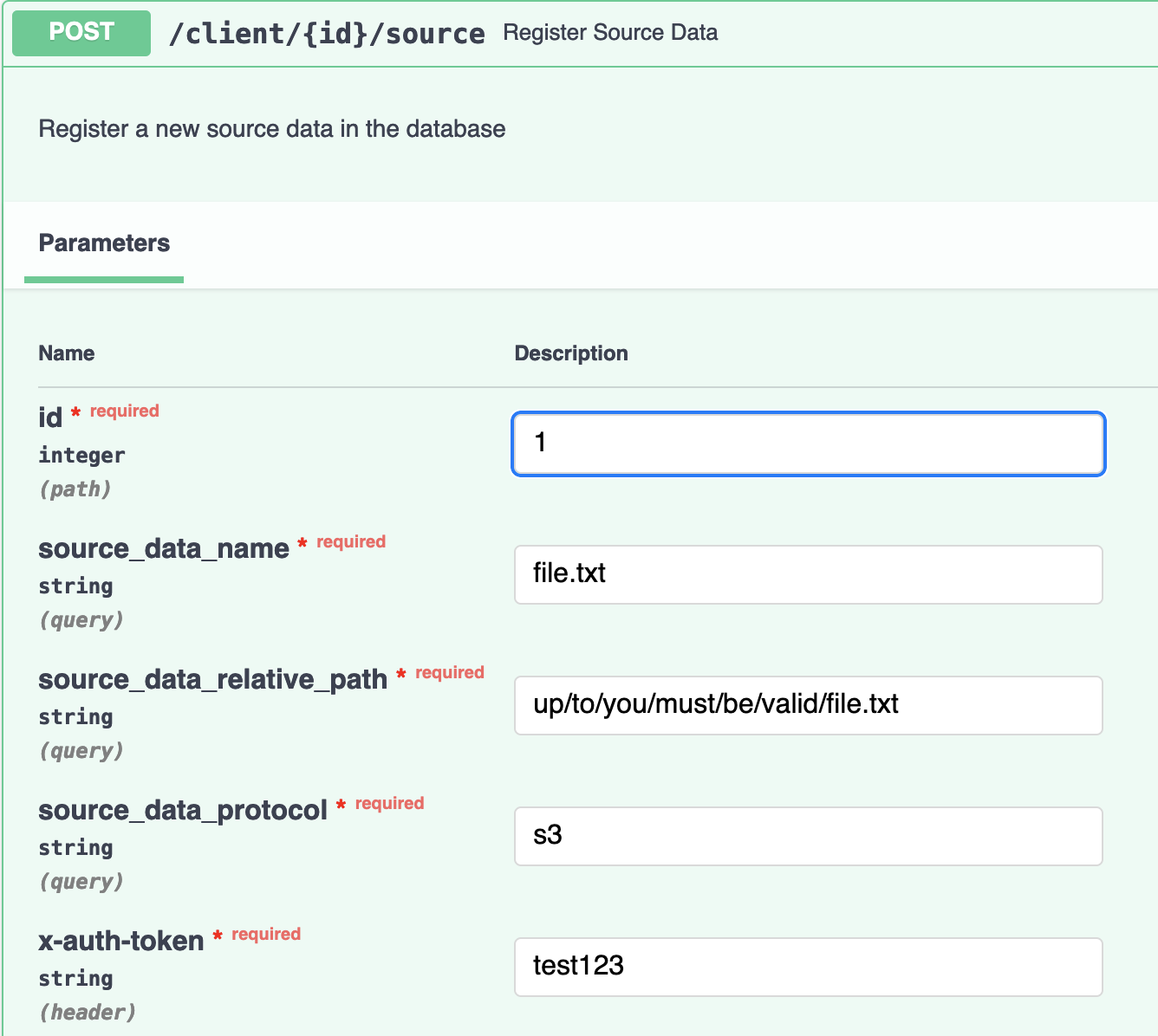 Screen shot of filled-out id, source_data_name, source_data_relative_path, source_data_protocol, and x-auth-token fields on the source endpoint