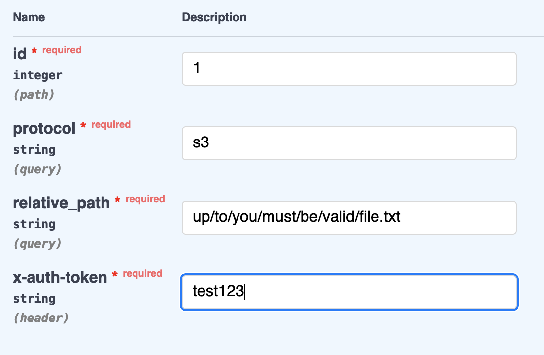 Screen shot of filled-out id, protocol, relative_path, and x-auth-token fields on the upload-credentials endpoint