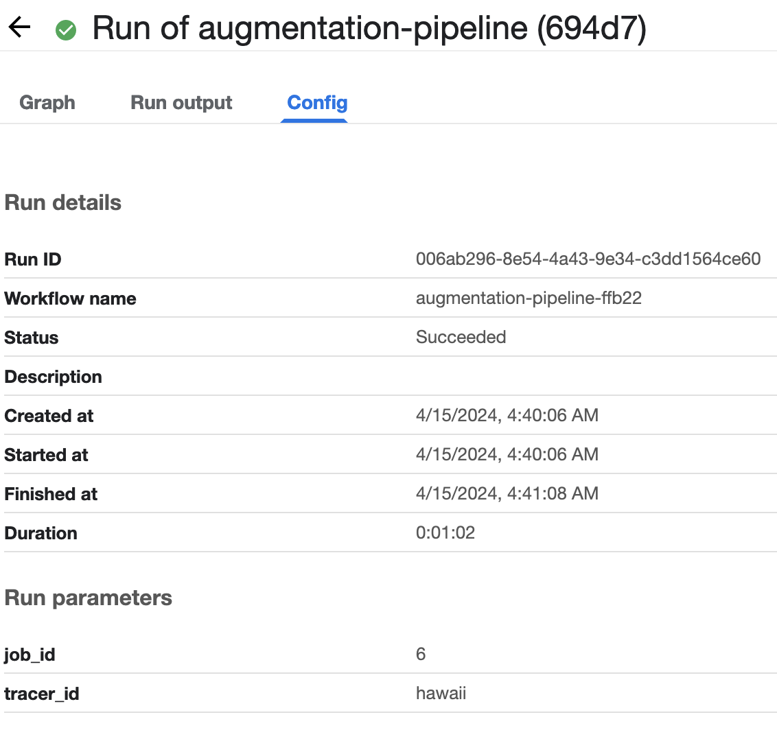 screen shot of sda-disaster-tracking Experiment run detail showing run details and parameters