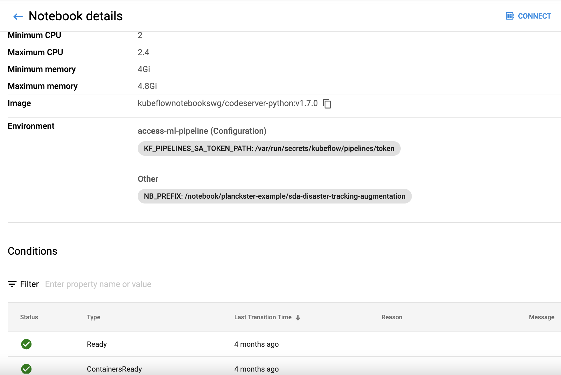 screen shot of Notebook detail showing allocated resources, environment, and some conditions