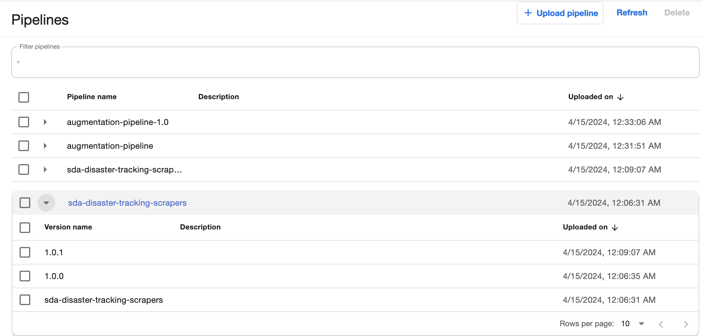 screen shot of Pipelines list with sda-disaster-tracking-scrapers open to show three versions